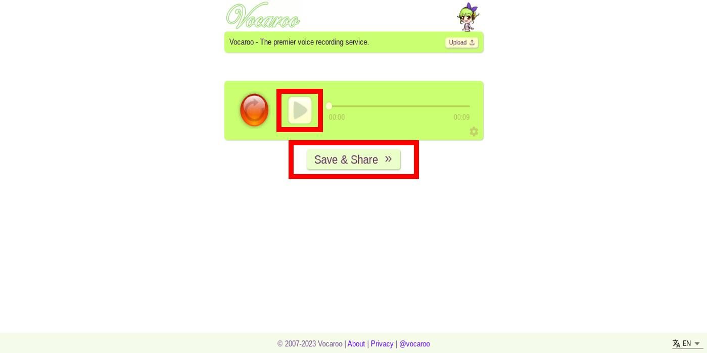 Screenshot of the Vocaroo website interface replay and save & share buttons highlighted