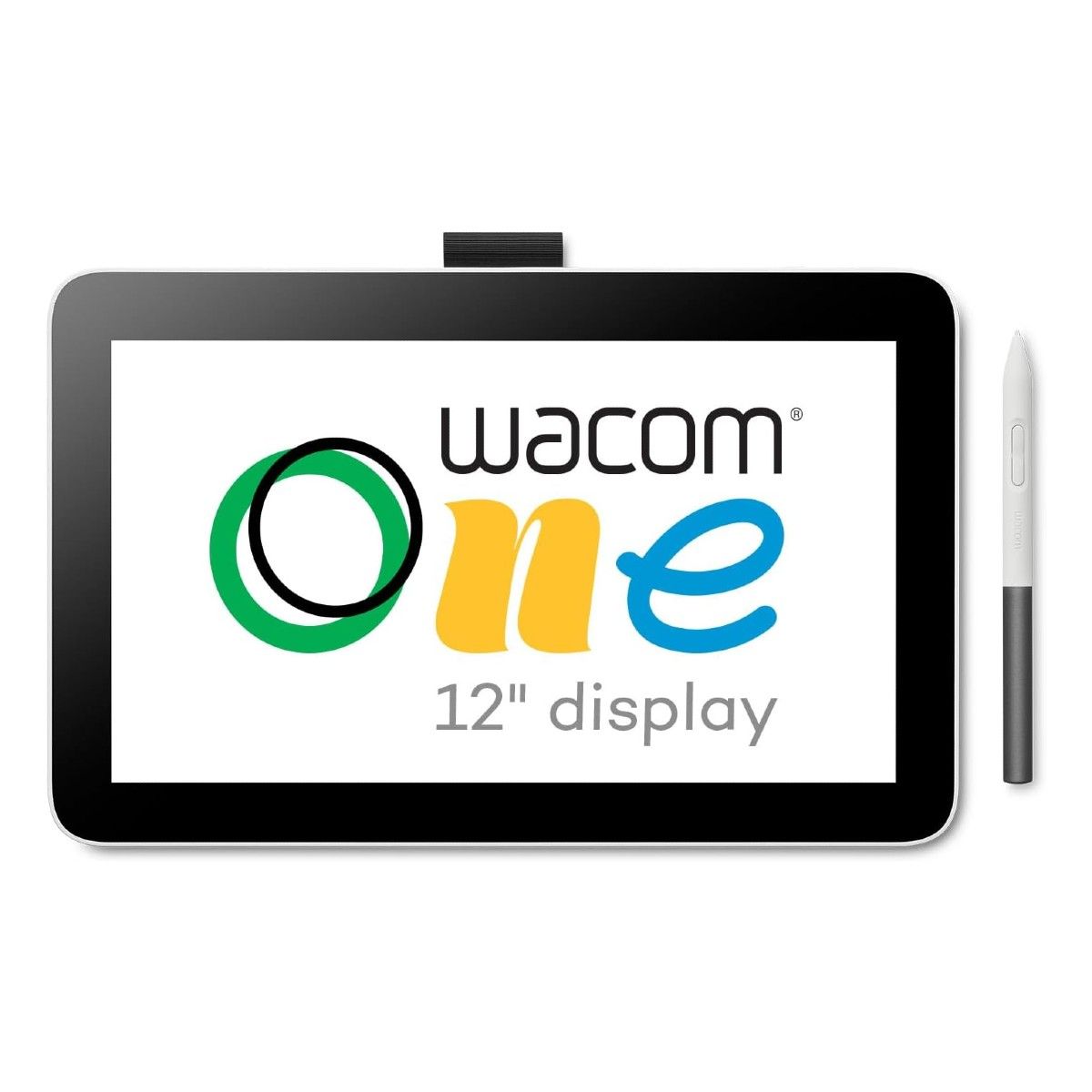 A Wacom One 12 drawing tablet and a Wacom Standard Pen on a white background