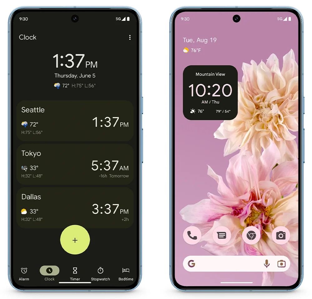 pixel phones showing clock app and widget with weather