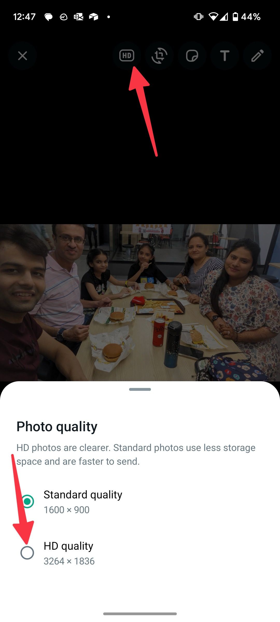 select HD quality on WhatsApp