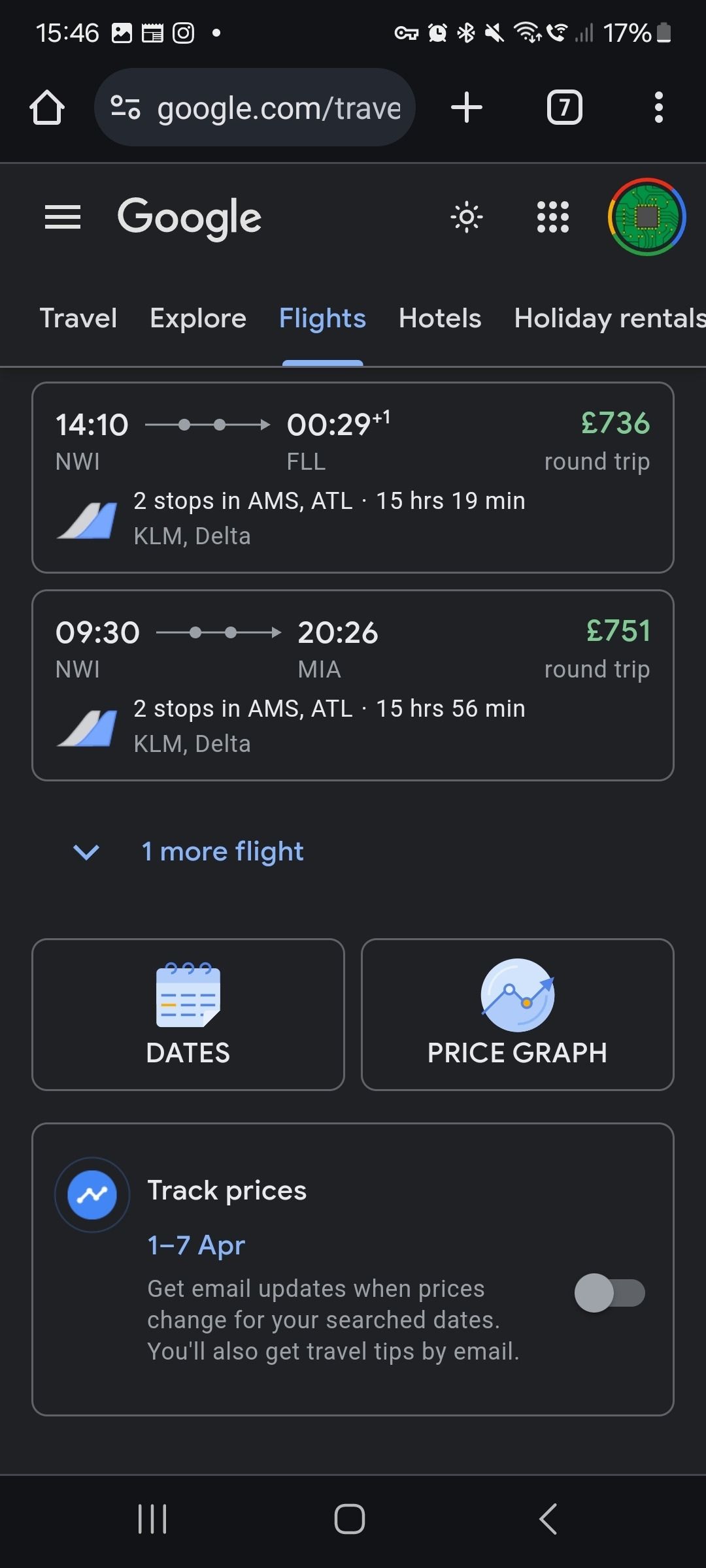 Google explore flight selctions with the dates and price graphs options