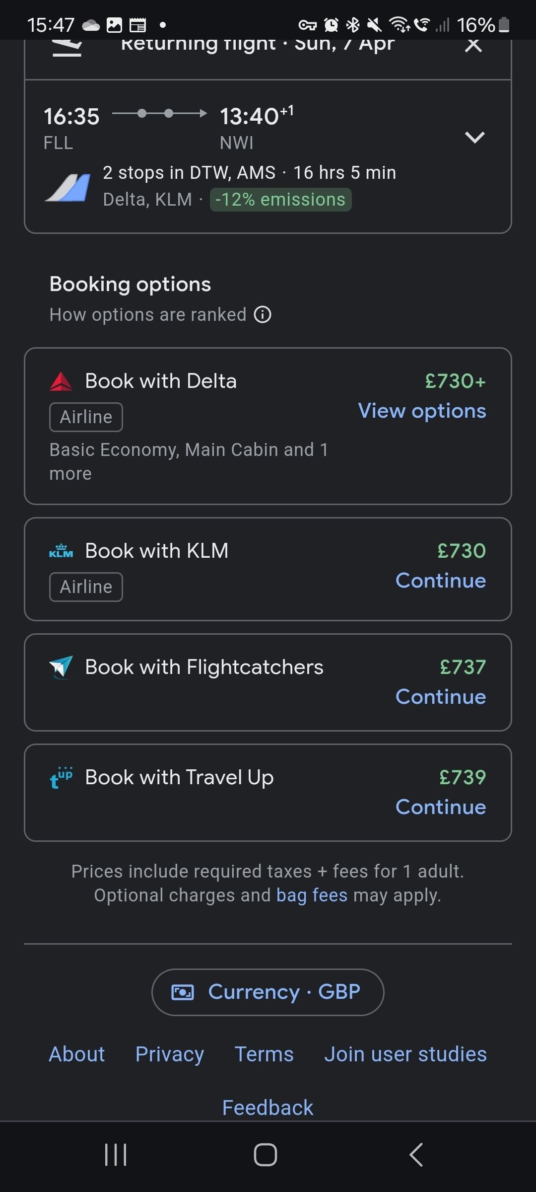 Google explore booking options screenshot