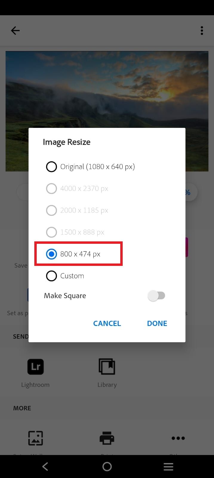 Screenshot highlighting the new size in the Adobe Photoshop Express app