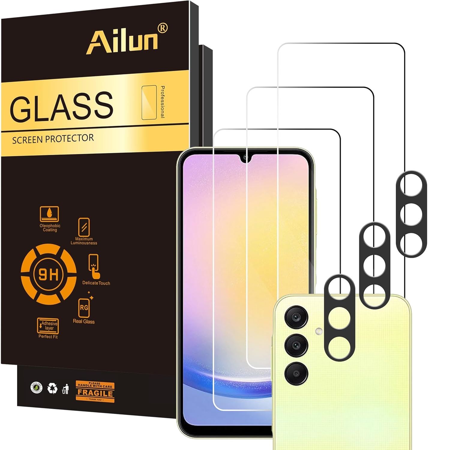 Ailun Glass Screen Protector for Galaxy A25 5G beside packaging