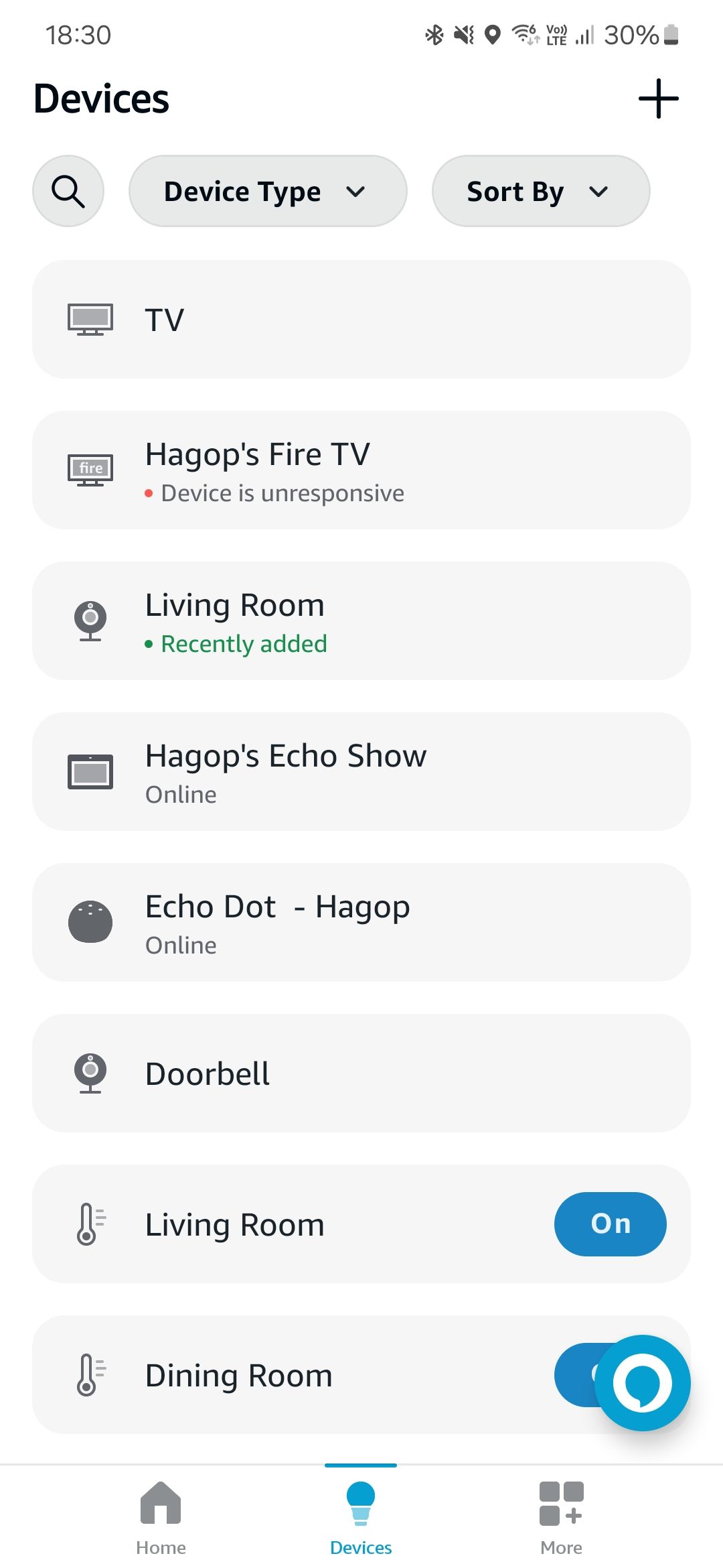 Screenshot of the Alexa app showing the device list