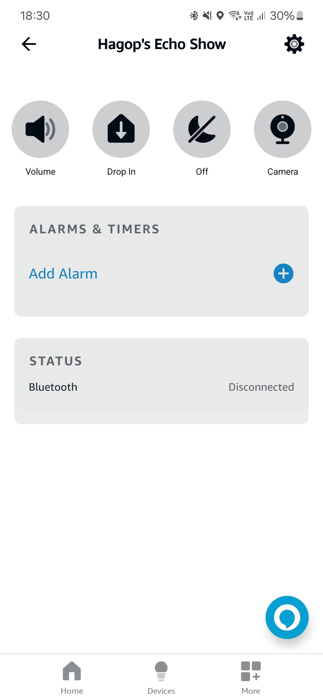 Screenshot of the Alexa app showing the Echo Show dashboard