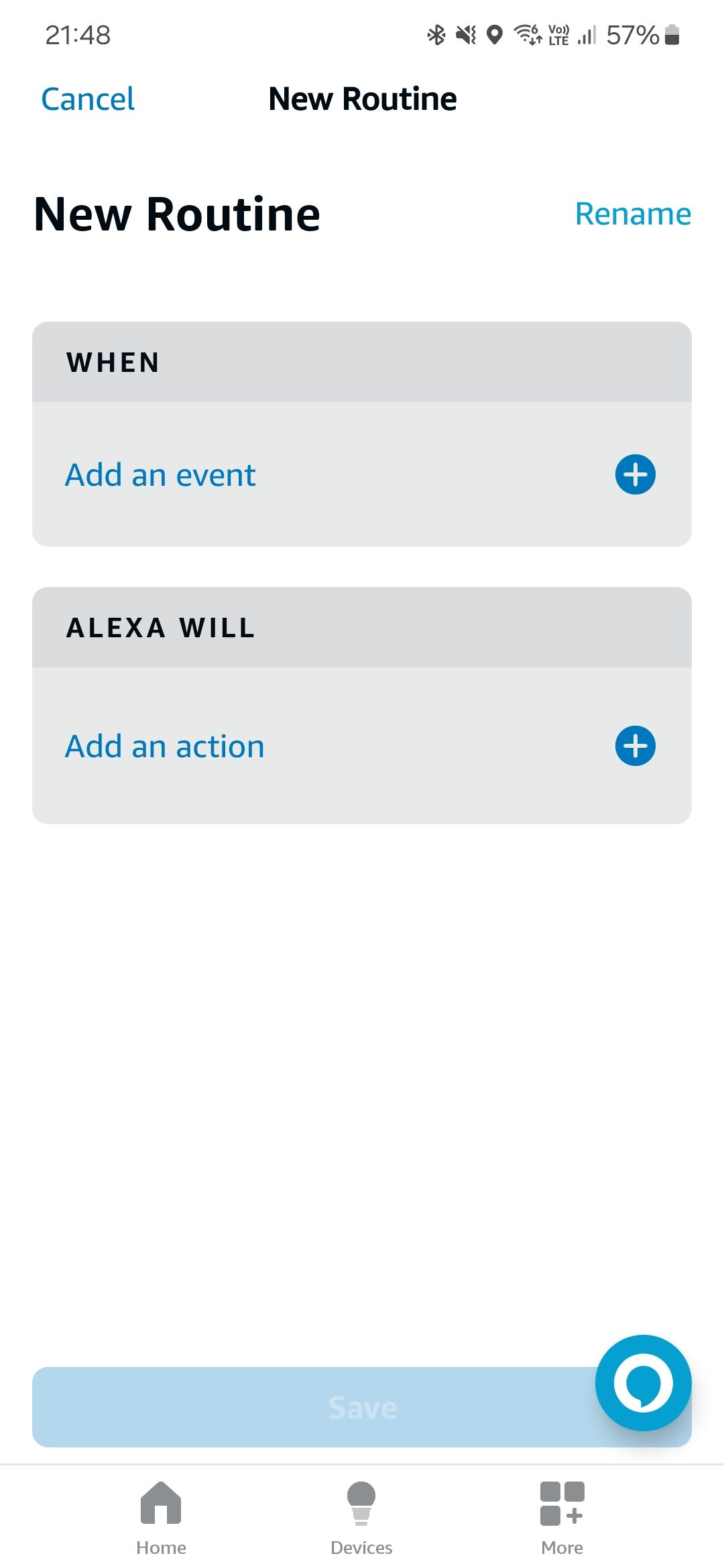 Screenshot of the Alexa app showing the Routine creation screen