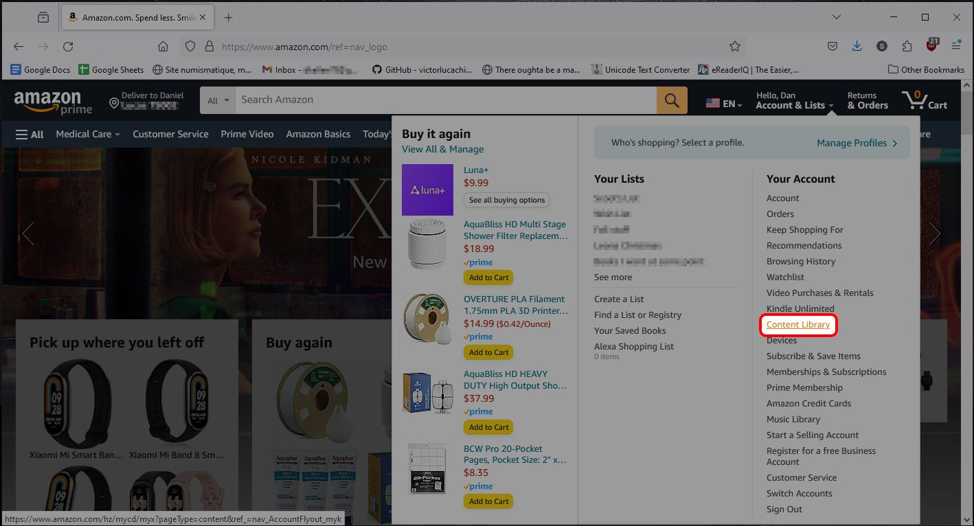 Amazon Accounts & Lists menu highlighting the Content Library option