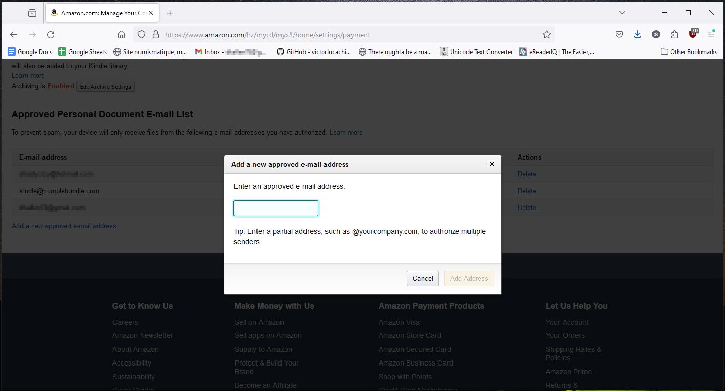 Amazon website Add a new approved e-mail address modal window