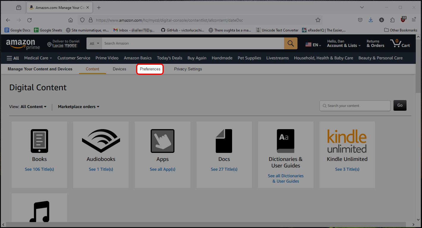 Amazon website Manage Your Content and Devices menu highlighting the Preferences option