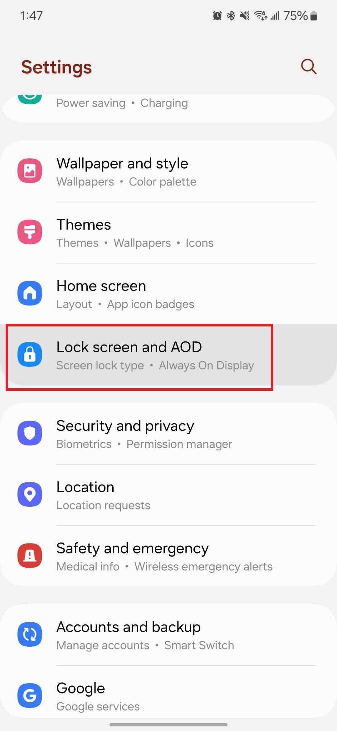 Screenshot highlighting 'Lock screen and AOD' on the Samsung Galaxy S24