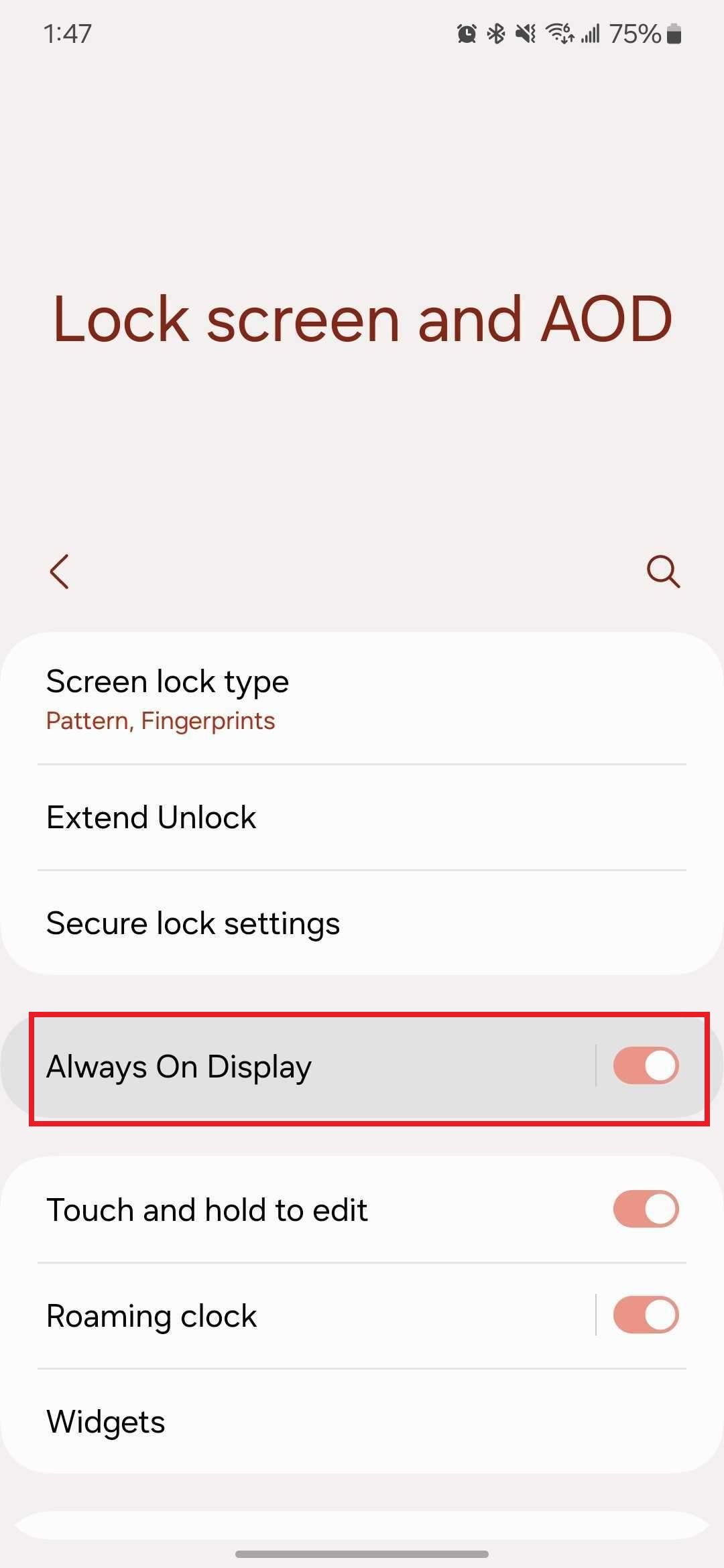 Screenshot highlighting 'Always On Display' on the Samsung Galaxy phone