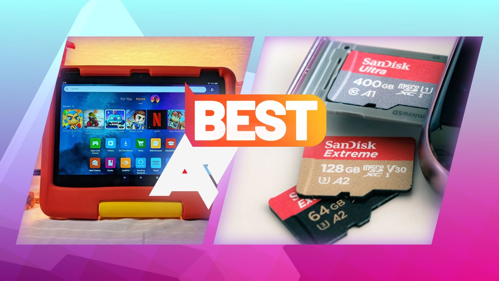 Photos of an Amazon Fire Tablet for Kids and a selection of SanDisk microSD cards, with an 'AP Best' logo on top