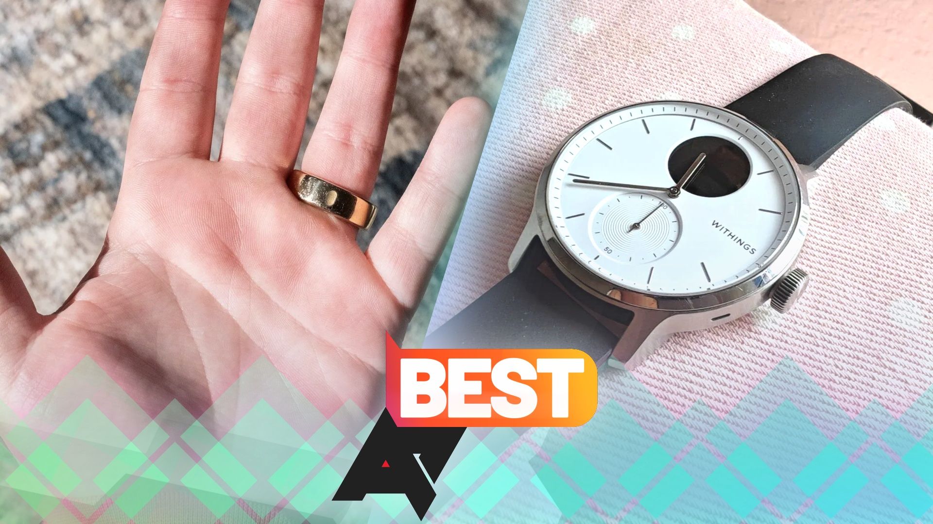Photos of a smart ring and a Withings watch with an 'AP Best' logo on top