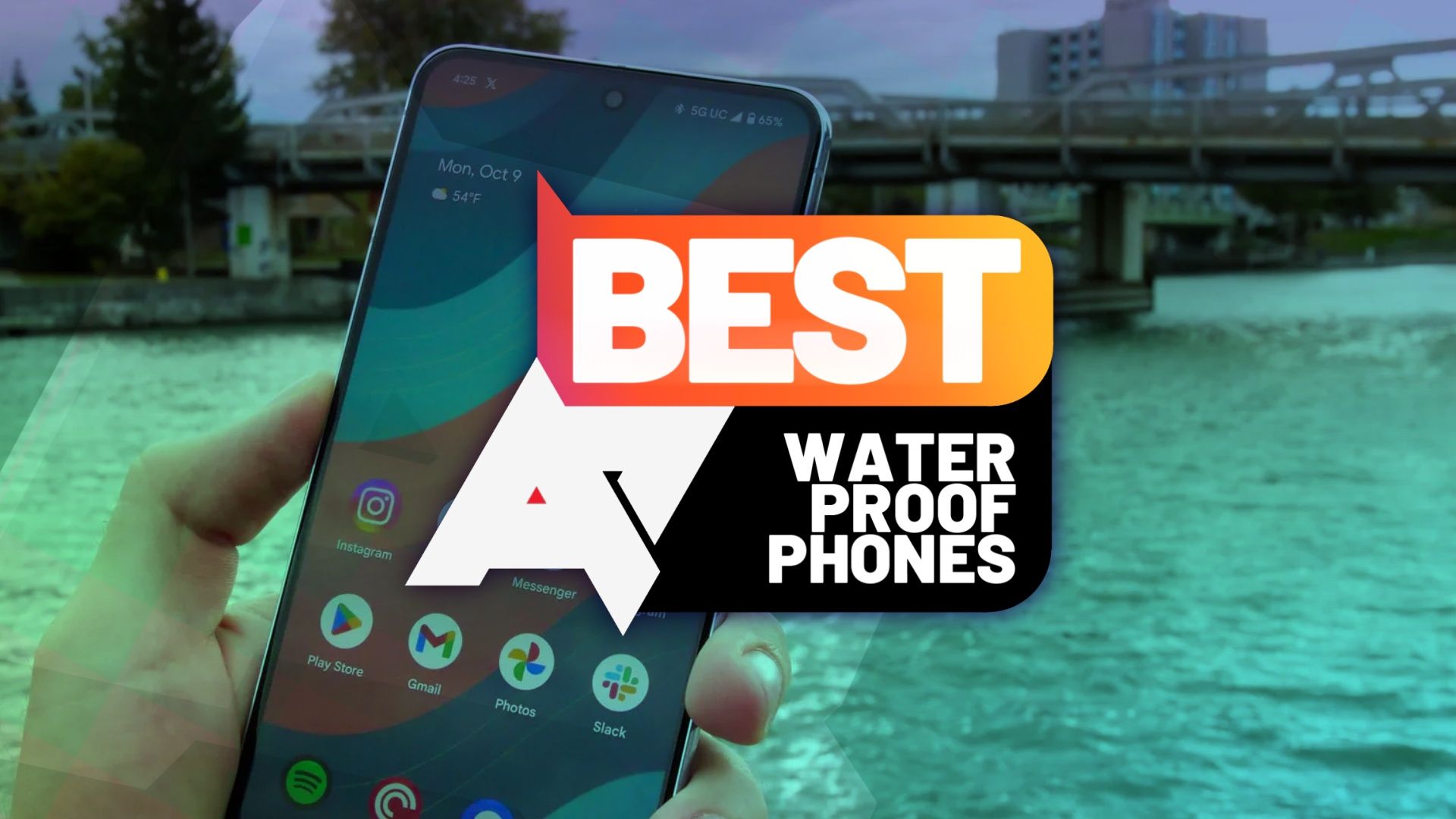 A photo of a phone in front of the sea, with a 'best waterproof phones' logo