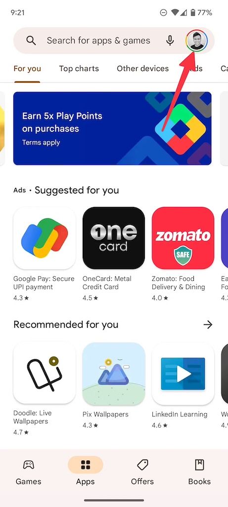 Apps menu on Google Play Store