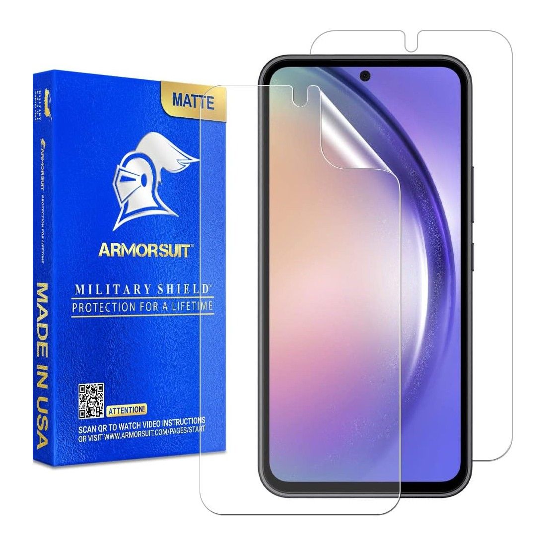 An ArmorSuit Matte Film retail box, two film screen protectors, and a smartphone on a white background