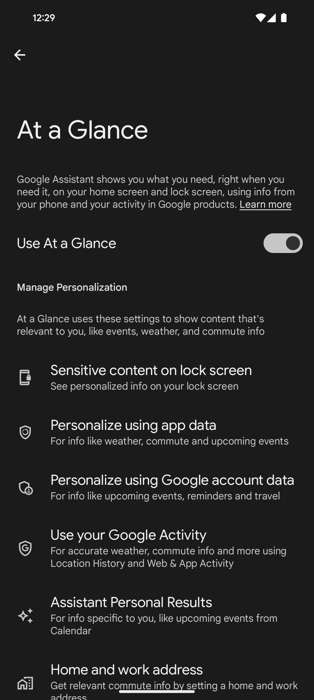Screenshots of the consolidated At a Glance settings on Pixel phones 