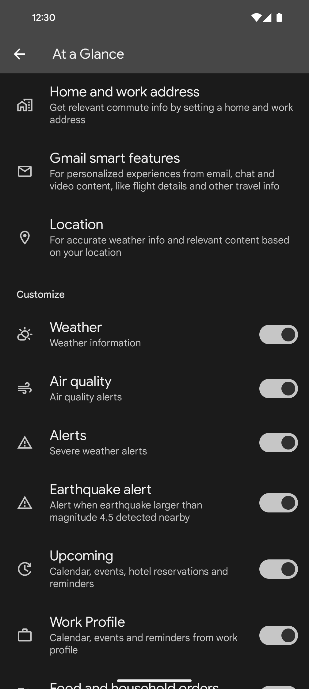 Screenshots of the consolidated At a Glance settings on Pixel phones 