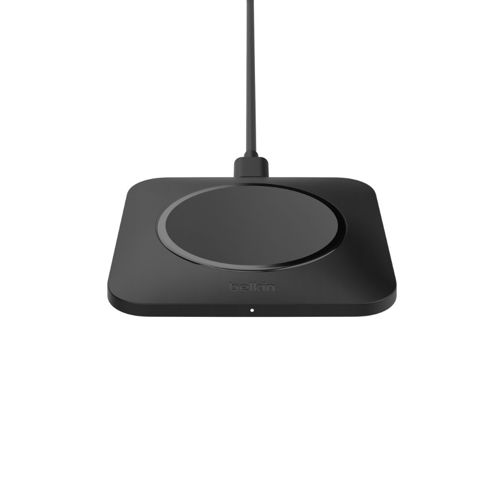 Black belkin easy align wireless charger on a white background