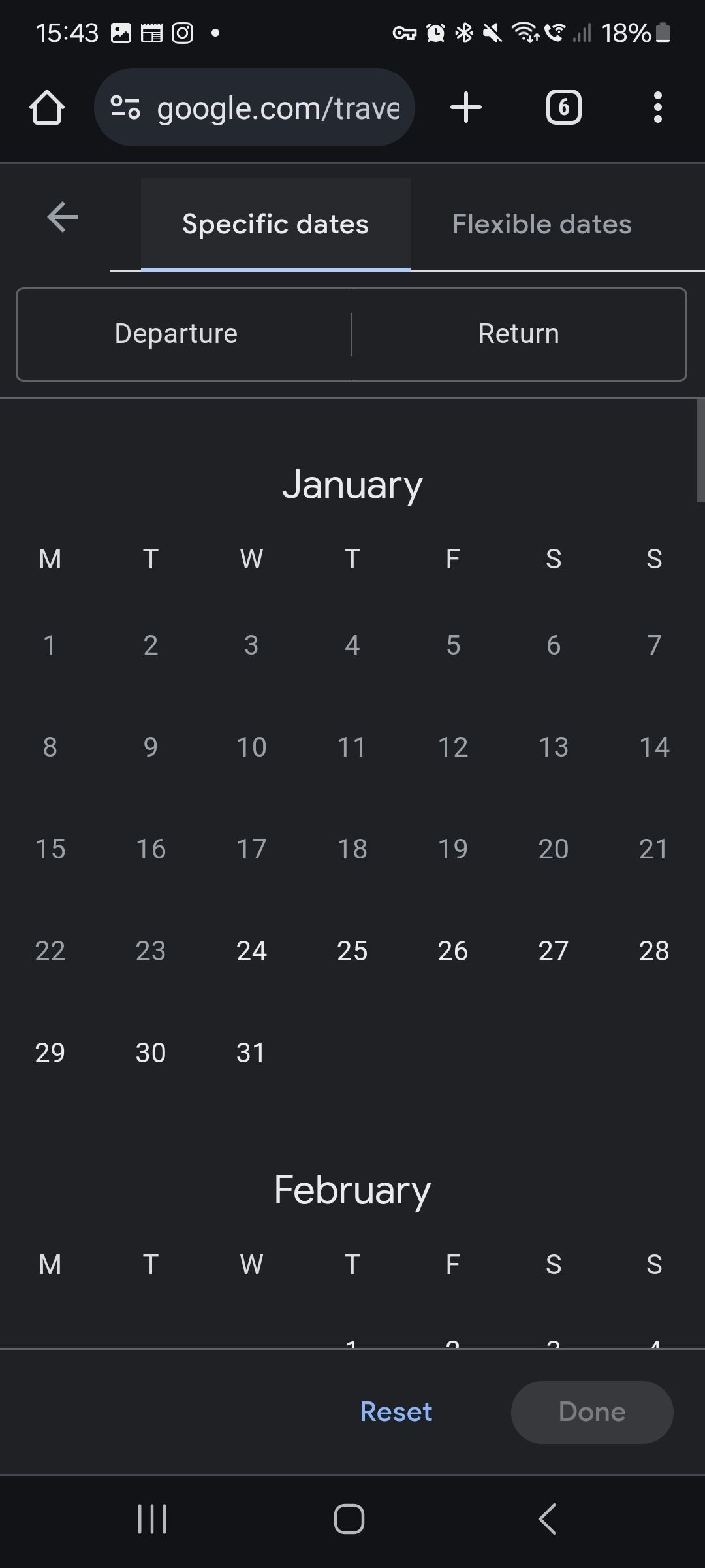 screenshot of specific dates options in explore