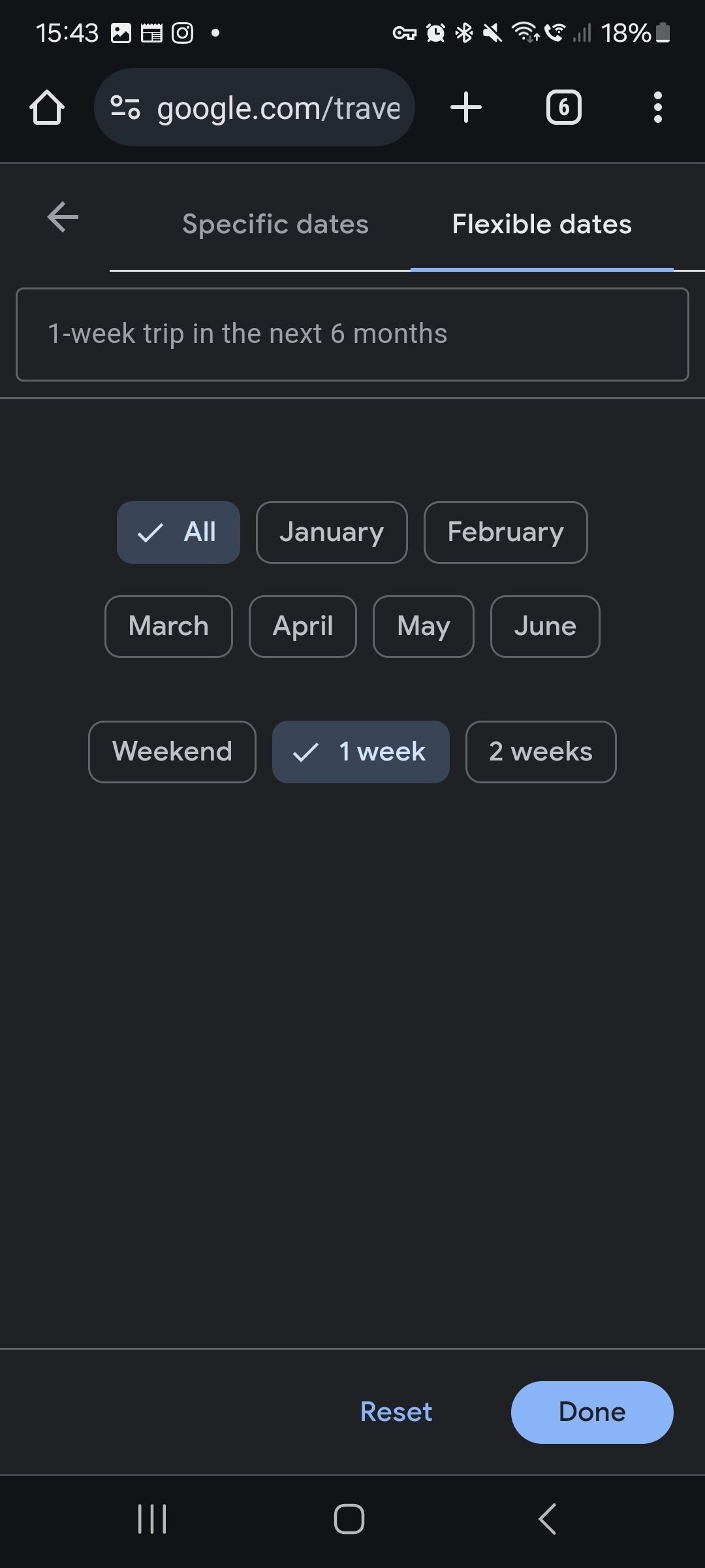 screenshot of dates options in explore