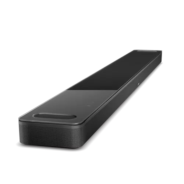 Side view of Bose Smart Ultra Soundbar in black on white background
