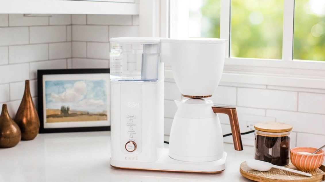 cafe smart drip drip coffee maker on a kitchen countertop