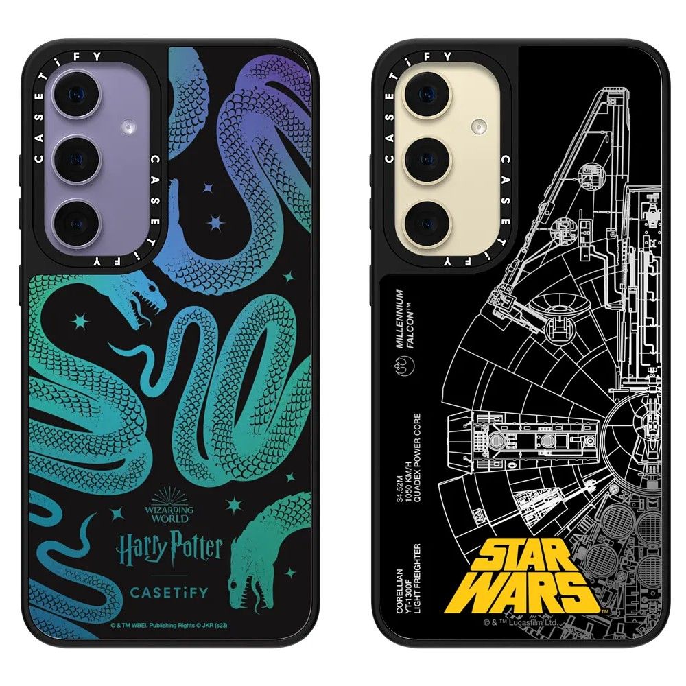 The Casetify Mirror Series for Galaxy S24+ in The Basilisk and Millennium Falcon designs