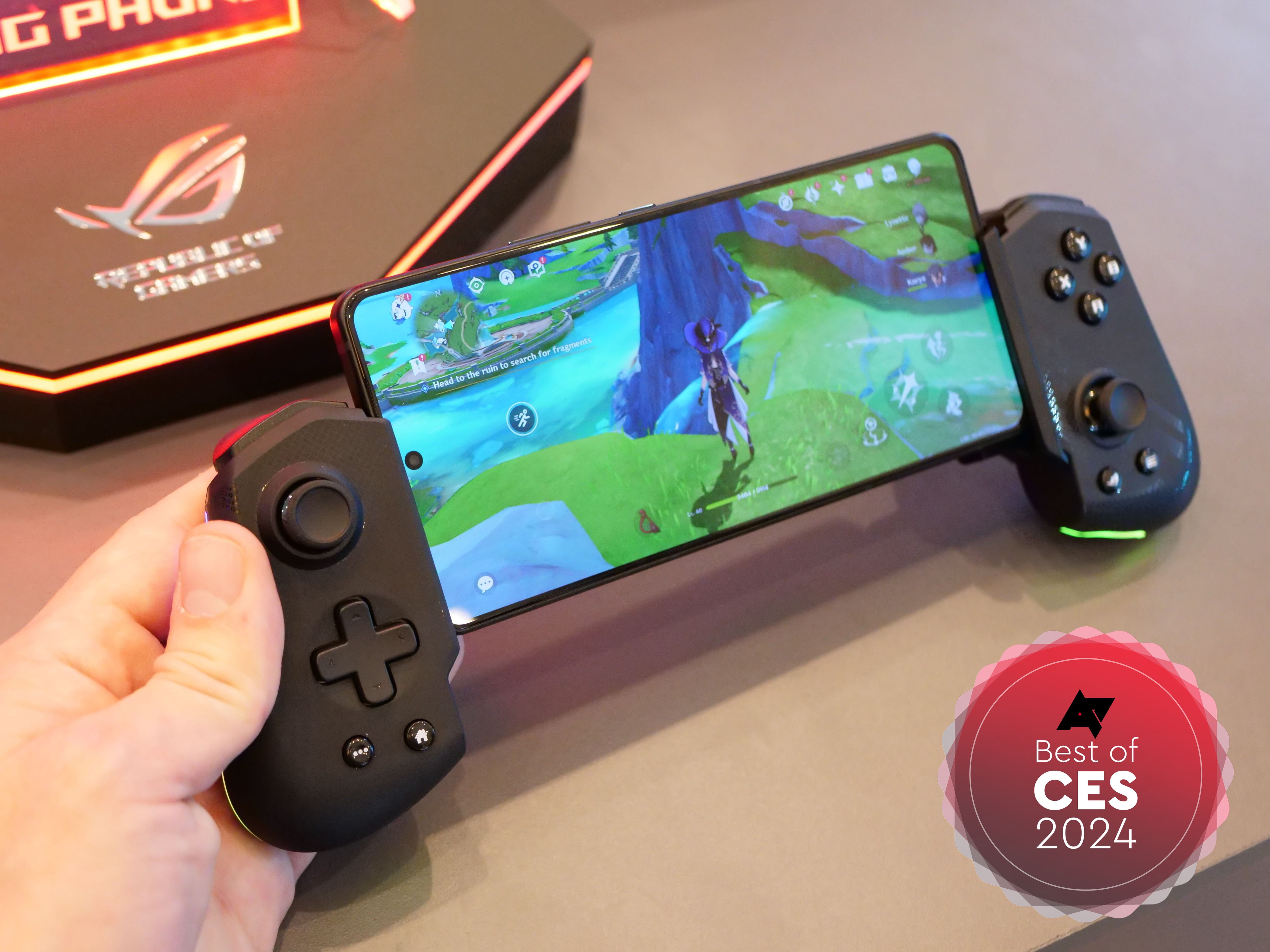 The Asus ROG Tessen Mobile Controller on a background with Android Police's CES 2024 awards logo next to it