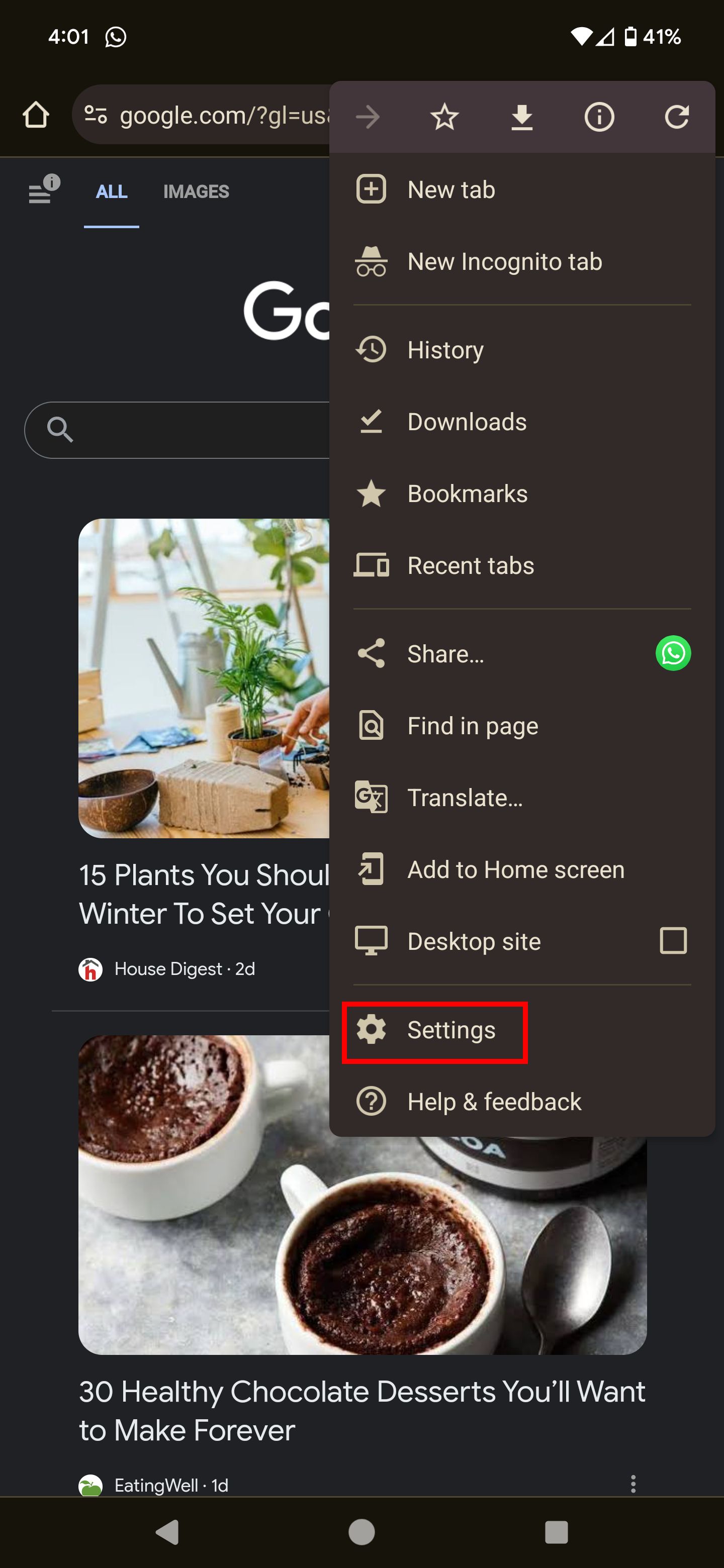 Select Settings from the drop-down menu
