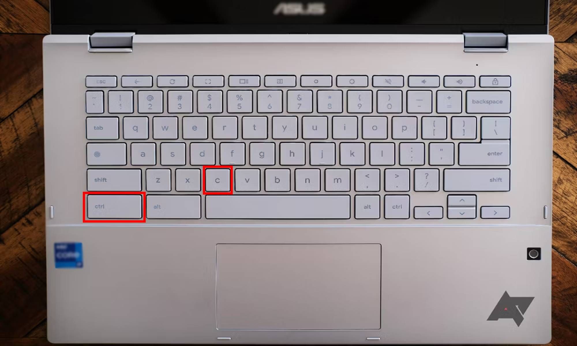 image of a chromebook keyboard with ctrl and c highlighted