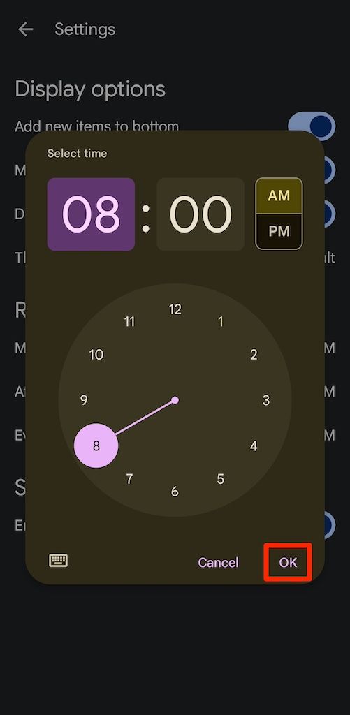 Clock for setting reminder defaults on Google Keep app