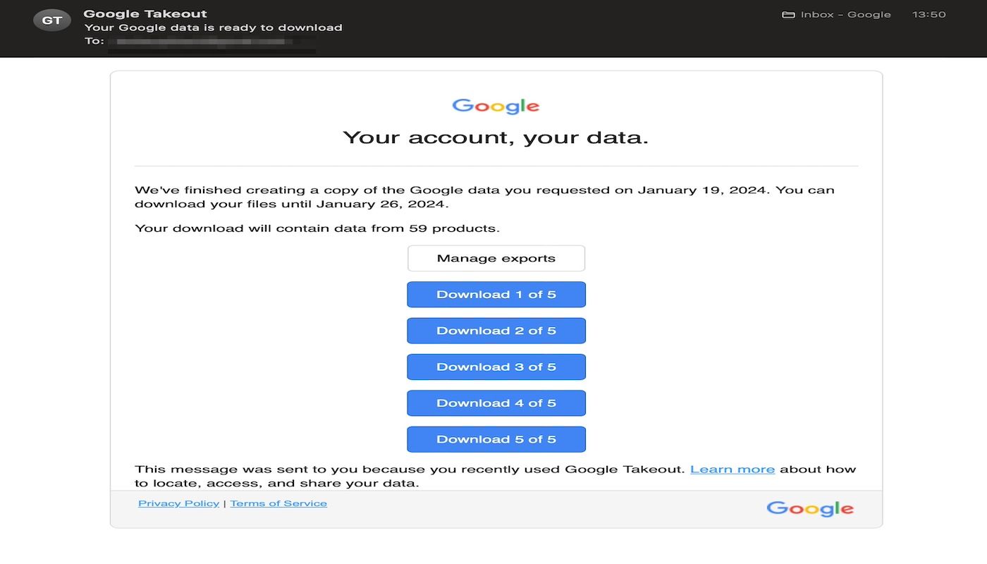 Copy of Google Takeout account data sent to user via email