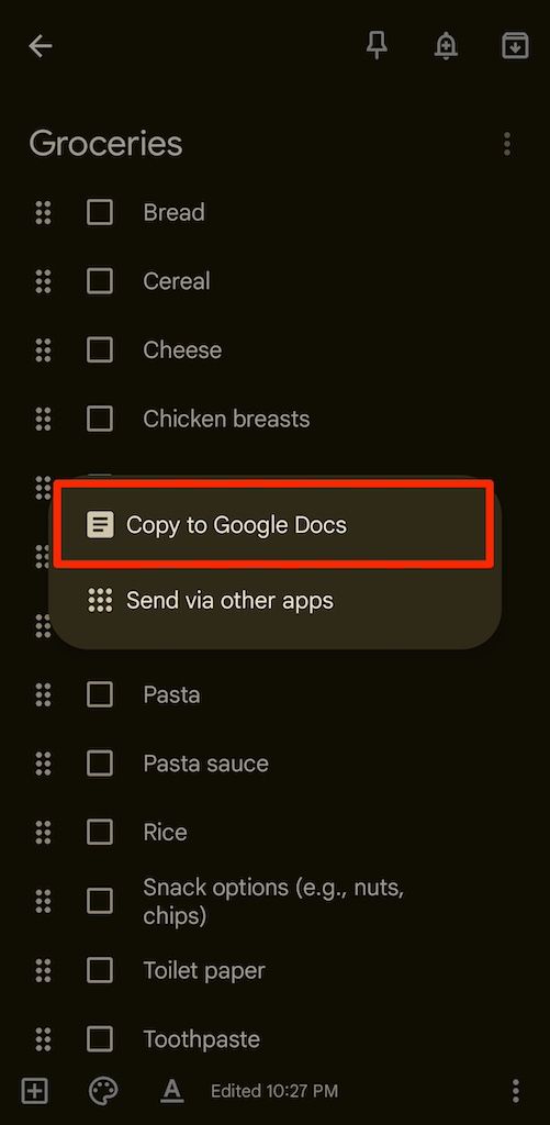 Copy to Google Docs option in Google Keep app