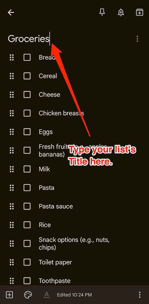 Creating a grocery list on Google Keep mobile app