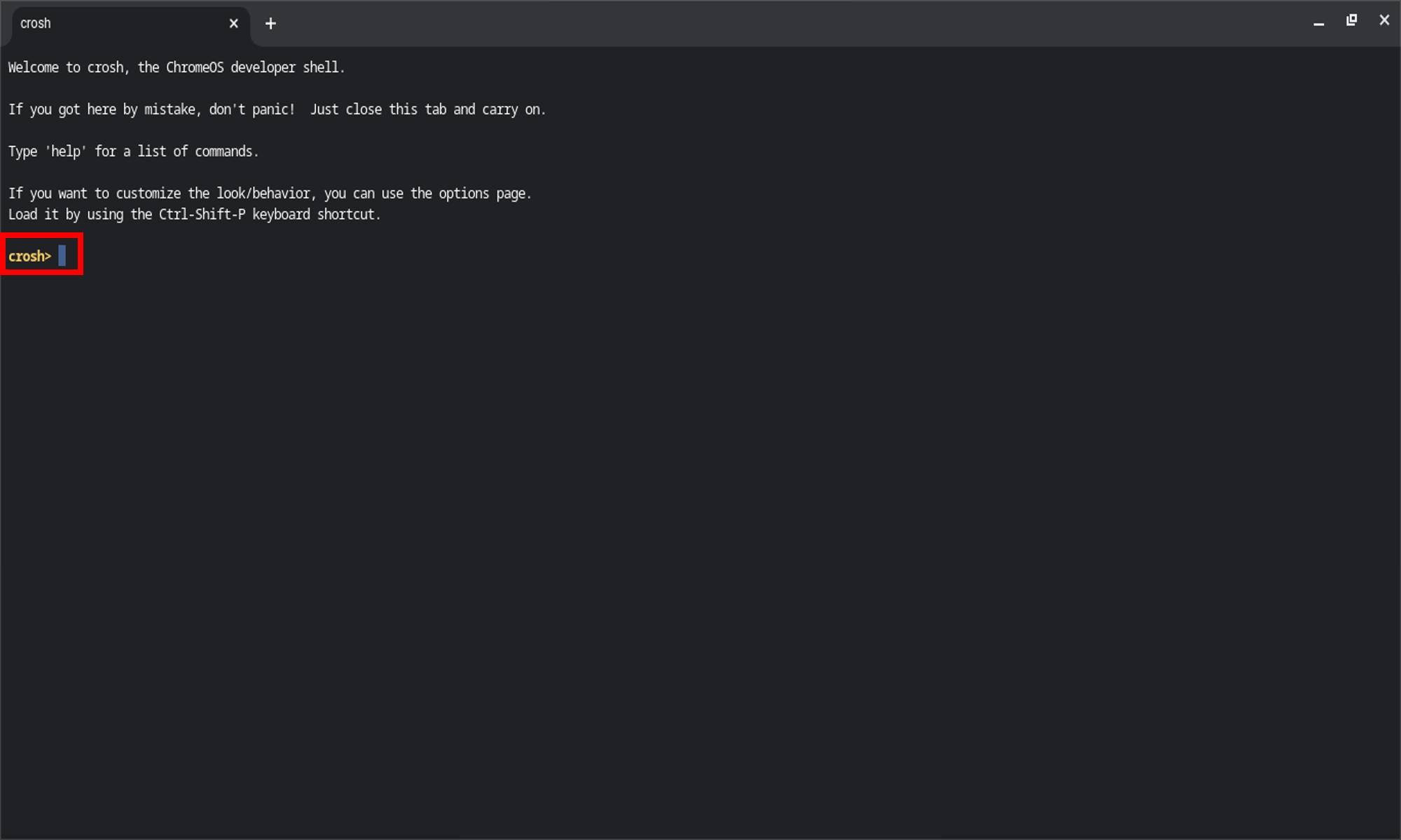 screenshot of the crosh interface with a highlight around the input cursor
