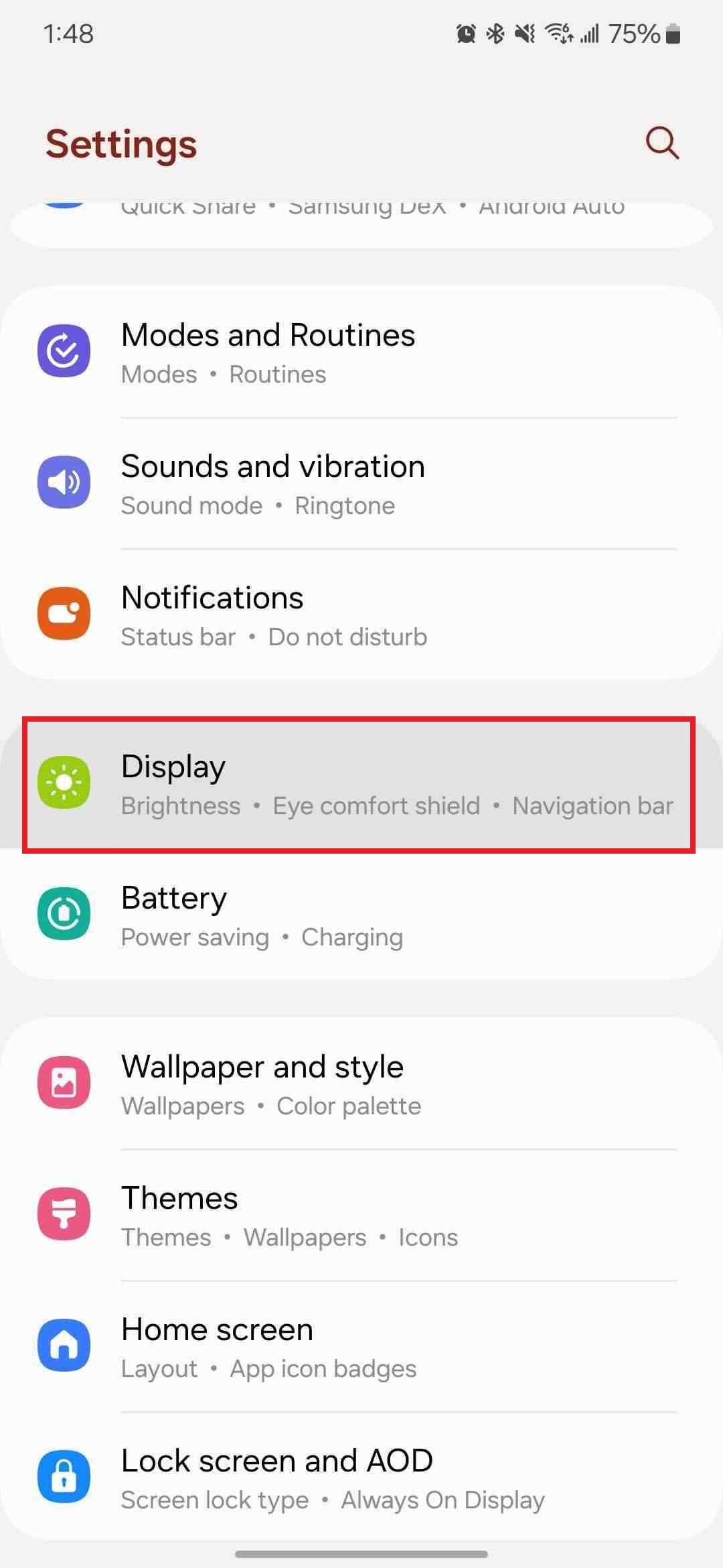 Screenshot highlighting 'Display' on the Samsung Galaxy S24