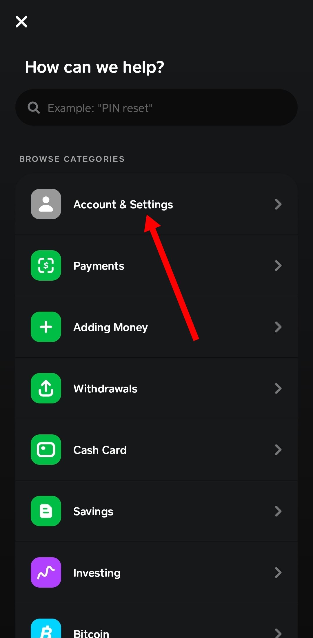 Screenshot of the Account and Settings option in the Cash App Android app
