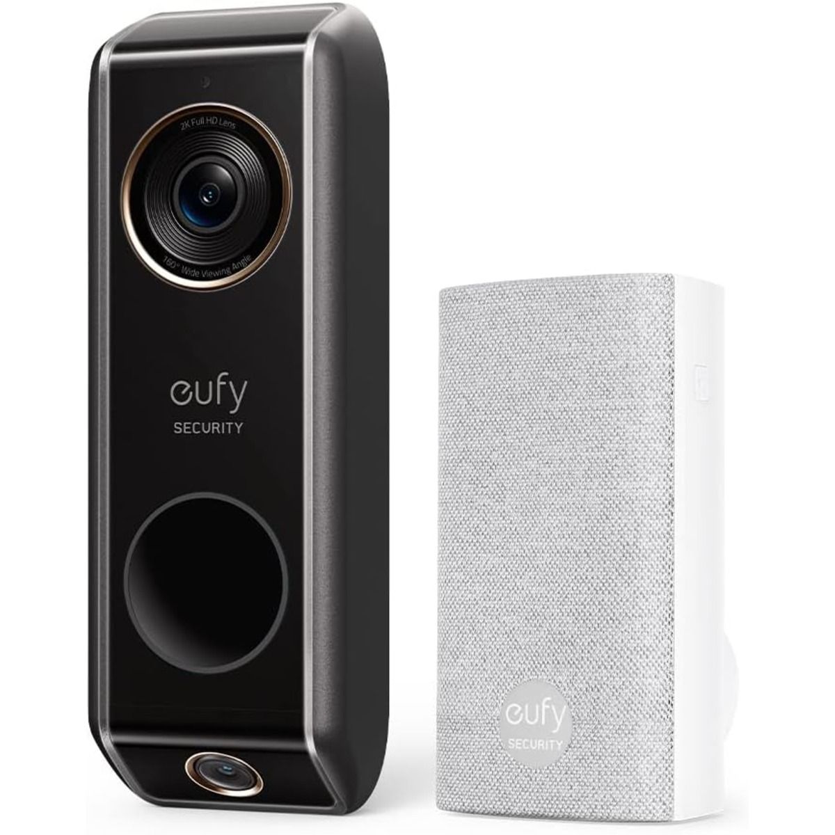 The Eufy S330 Video Doorbell and chime against a white background