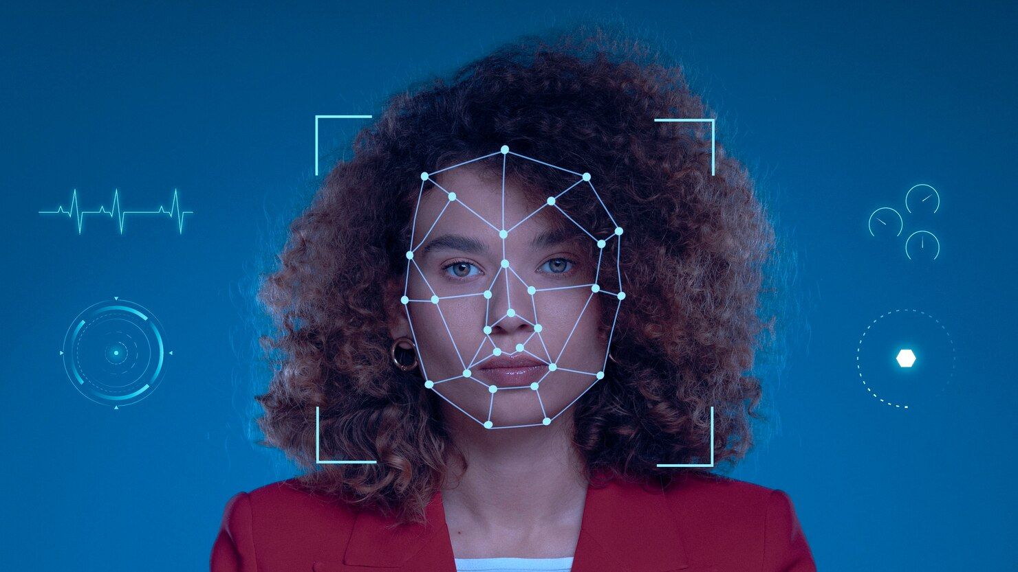 A woman's face with a digital facial recognition mesh overlay, surrounded by various technology-related icons on a blue background.