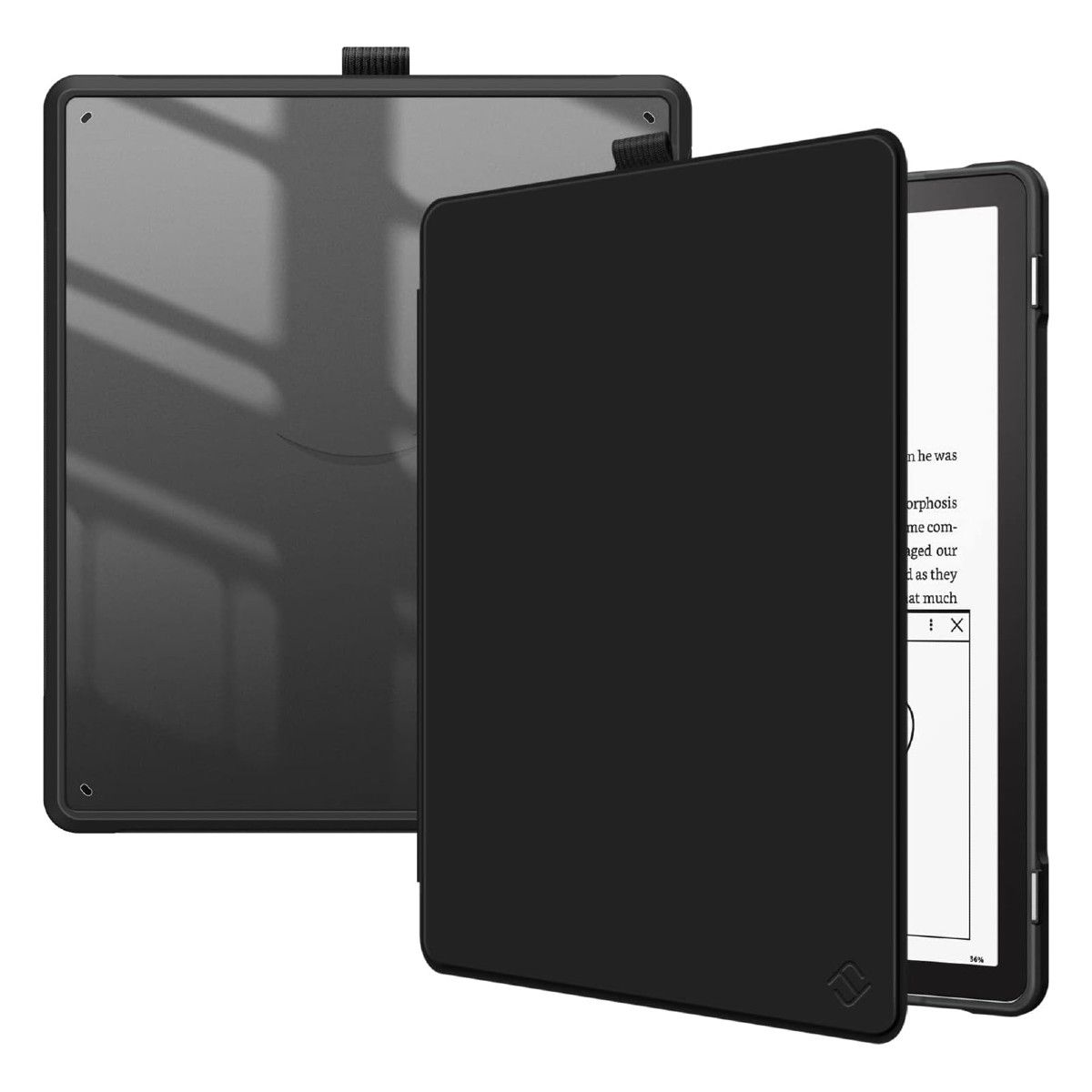 A Kindle Scribe in a black case with a transparent back