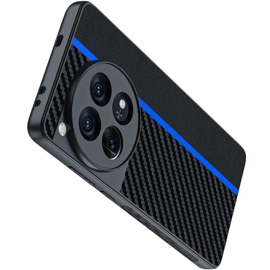 The Fntonglogy Carbon Fiber for OnePlus 12 at a tilted diagonal angle with a blue stripe