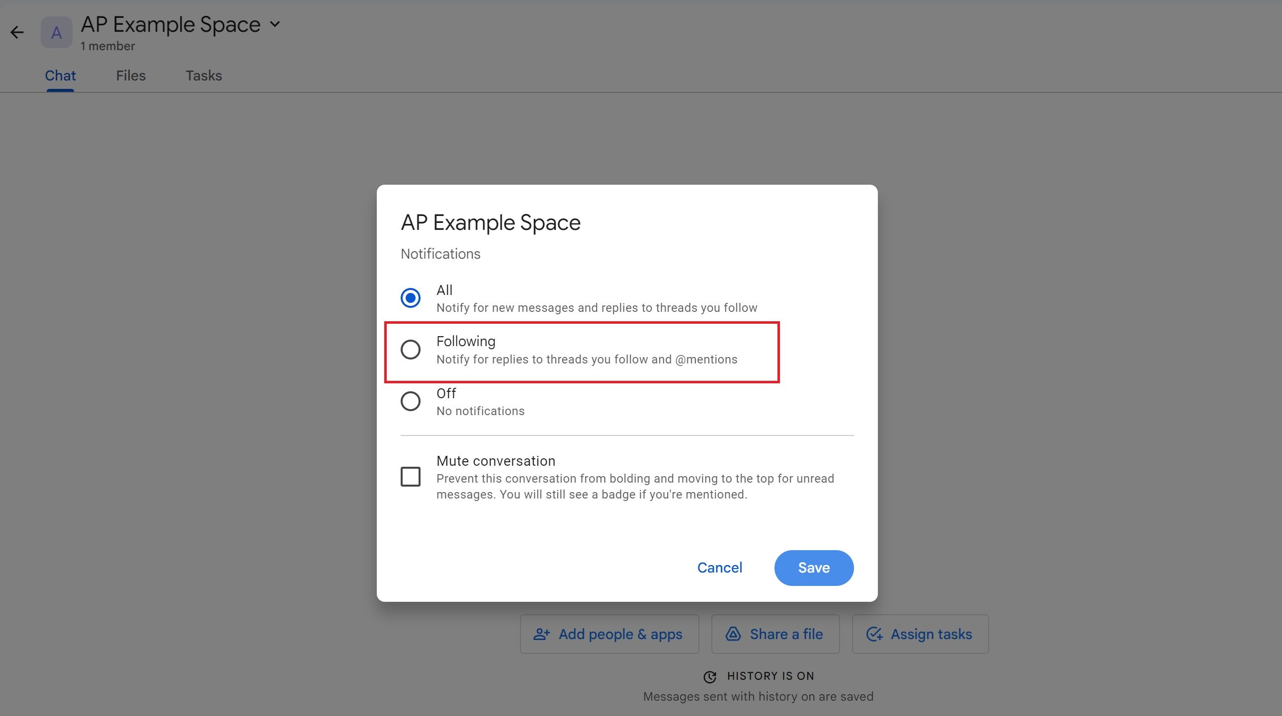 A screenshot showing how to edit notifications in Google Spaces