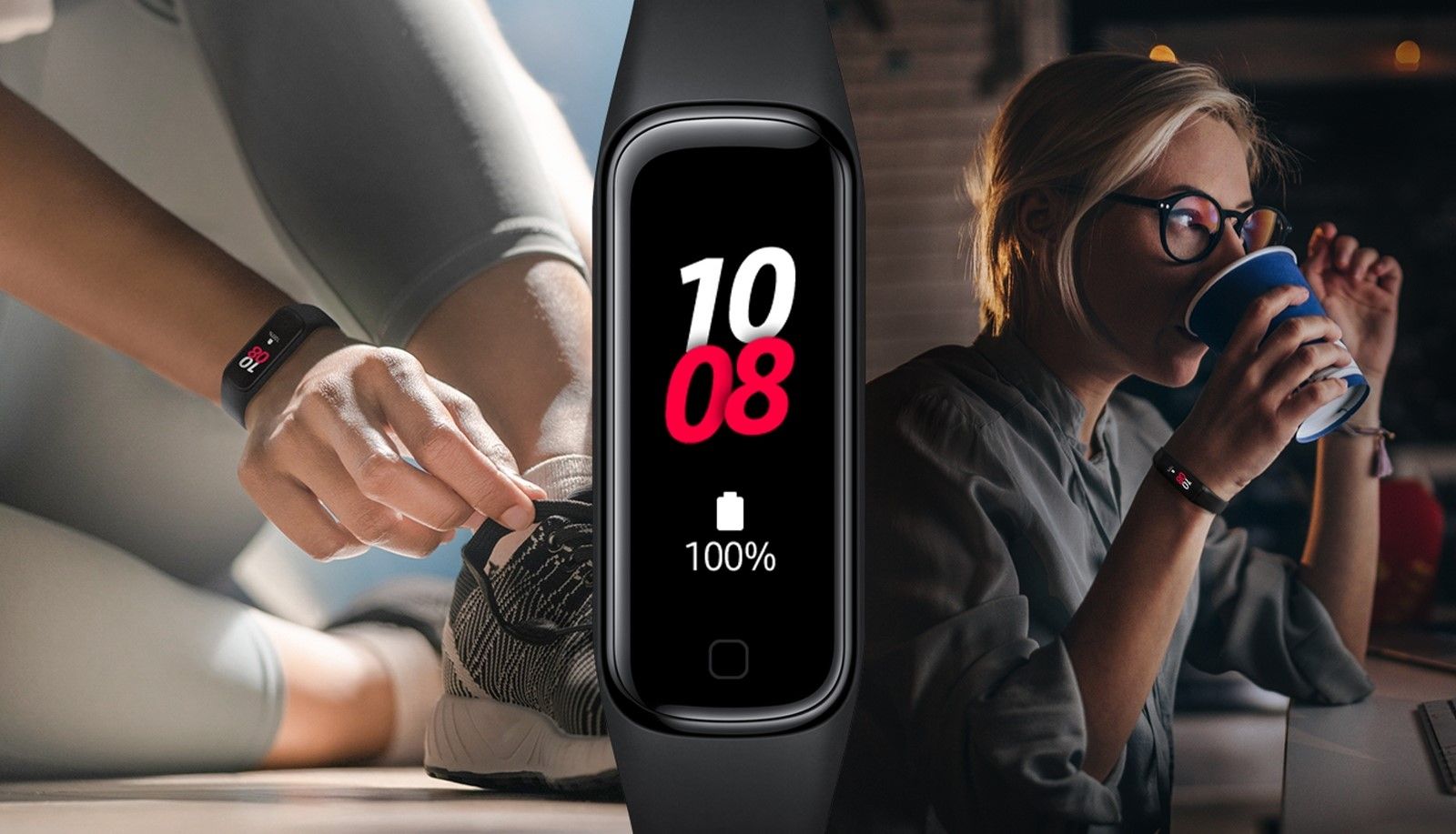 The Galaxy Fit 2 front and center, with two images of a runner and a worker drinking coffee behind them.
