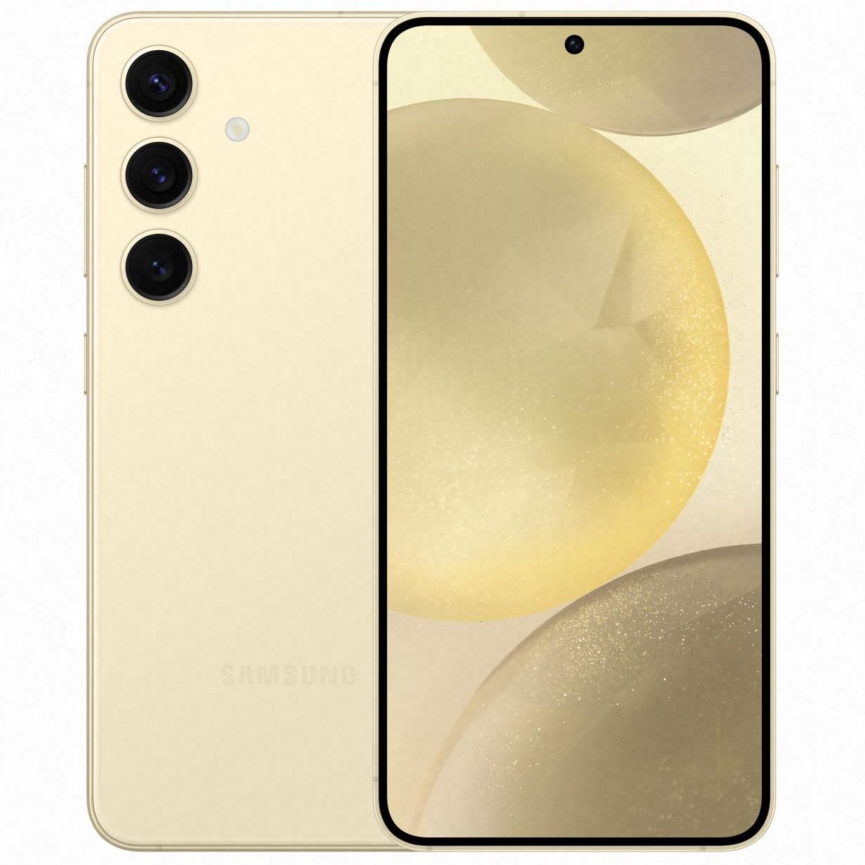 The front and back of an Amber Yellow Galaxy S24 on a white background