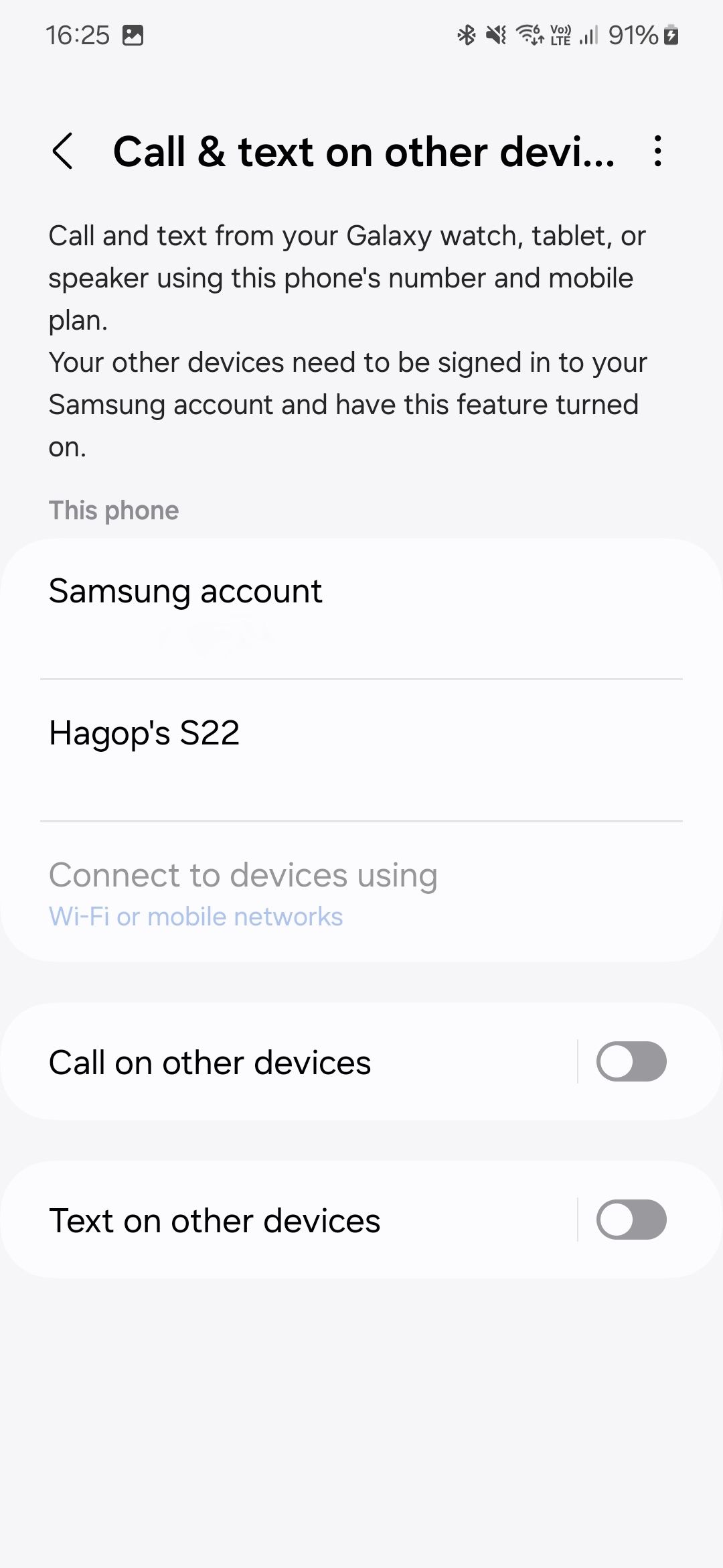 Screenshot of the Call & text on other devices screen on Samsung Galaxy devices