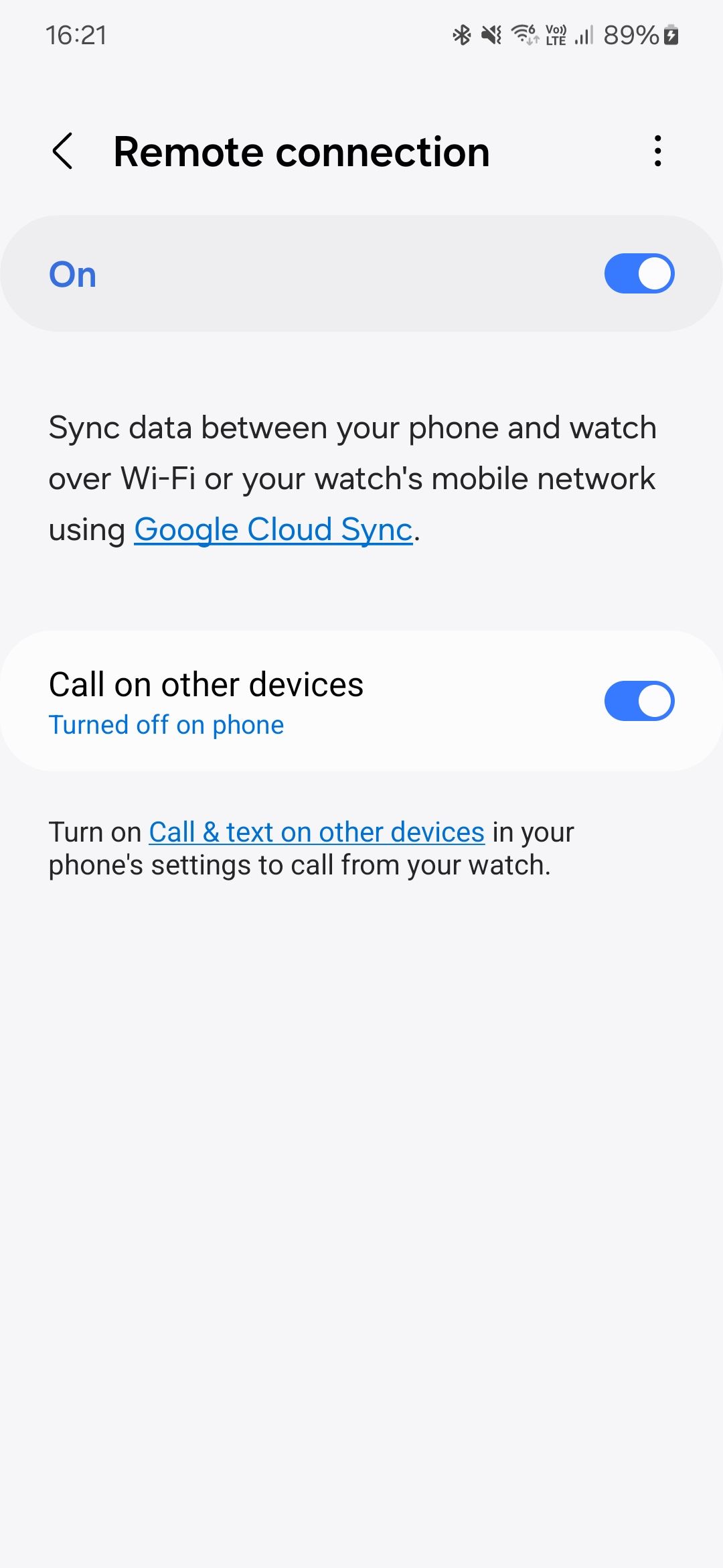 Screenshot of the Galaxy Wear app showing the Galaxy Watch6's remote connection settings