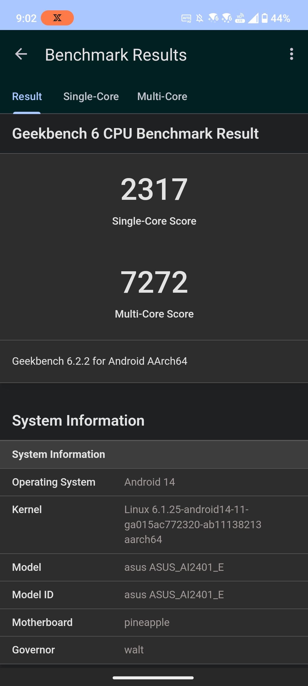 Geekbench rog phone cpu result screenshot