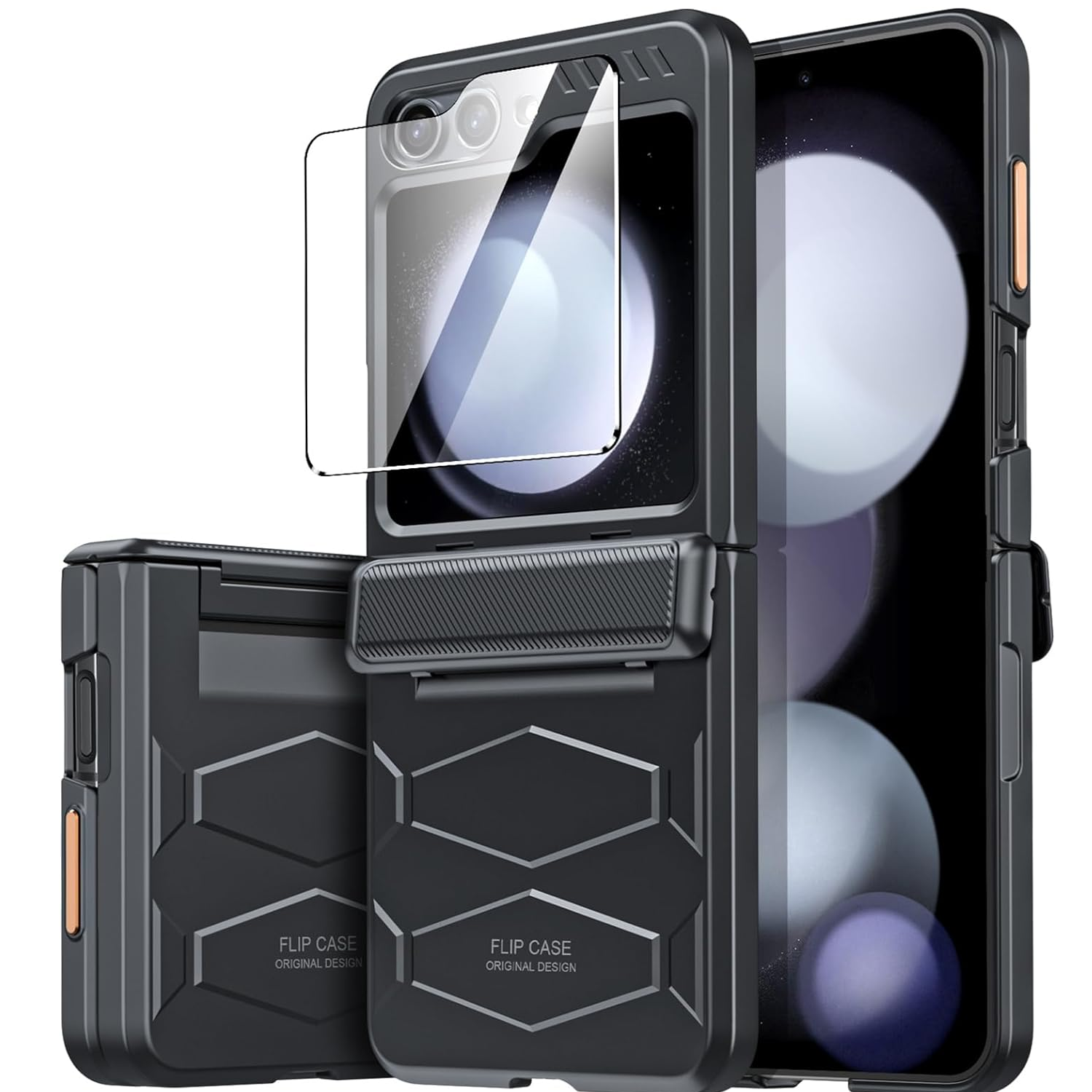 GooseBox Shockproof Case for Galaxy Z Flip 5, front, back, and folded views